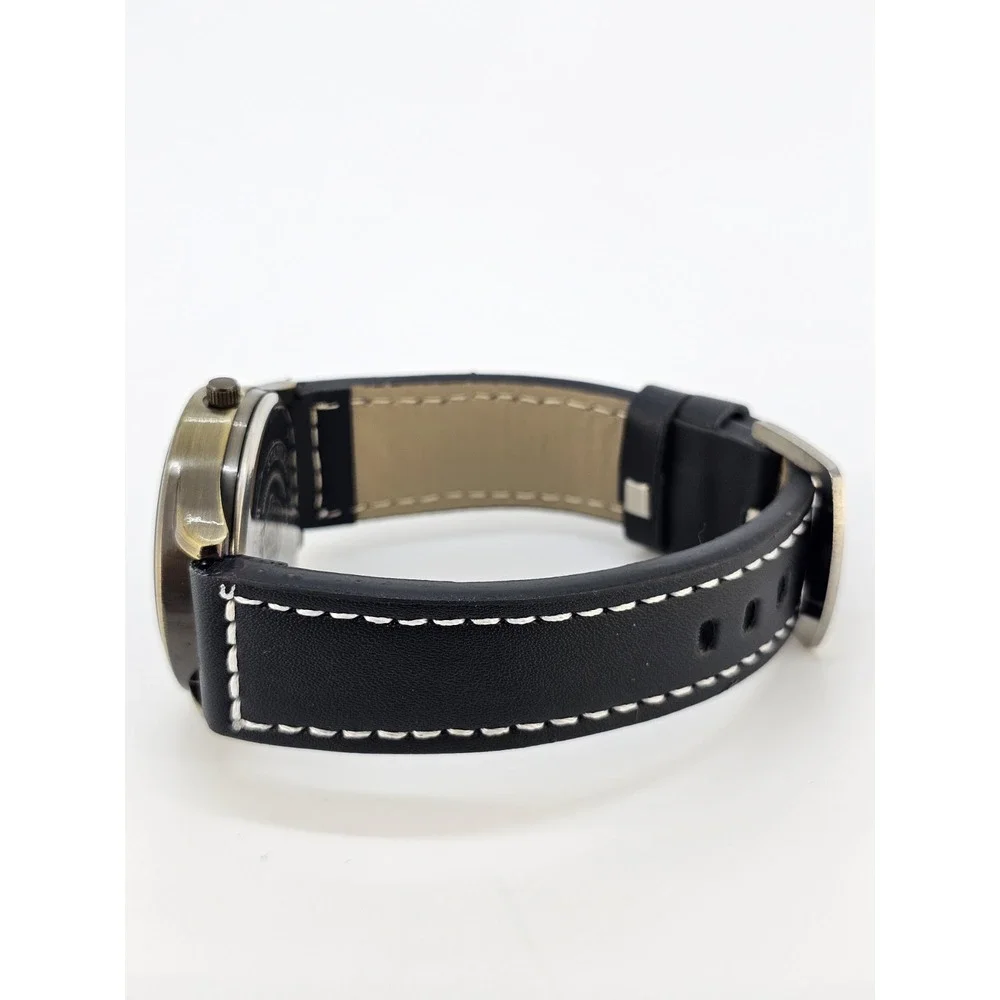 Men Analog Watch 38MM Bronze Dial New Faux Black Leather Bands New Battery READ